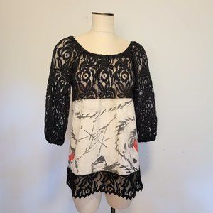 Romantic DIY Black Lace Peasant 3/4 Slv Top OAK !